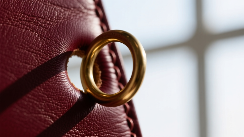 Macro shot of a 20-gauge brass jump ring passing through a cleanly punched 1.5mm hole in deep burgundy leather