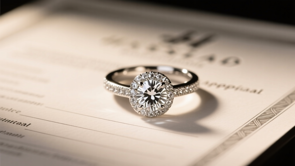 Macro shot of a platinum diamond engagement ring resting on a printed jewelry insurance appraisal form under warm studio lighting.