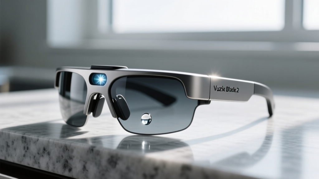 Side profile of Vuzix Blade 2 AR glasses on a granite countertop with a water droplet resting on the DLP projector prism.