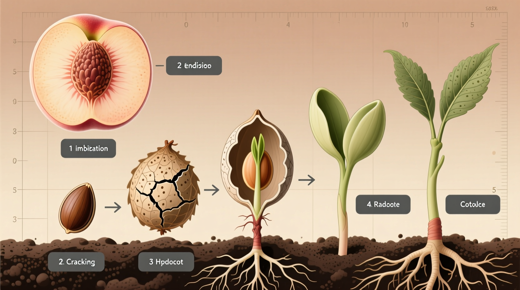 Peach seed germination process stages