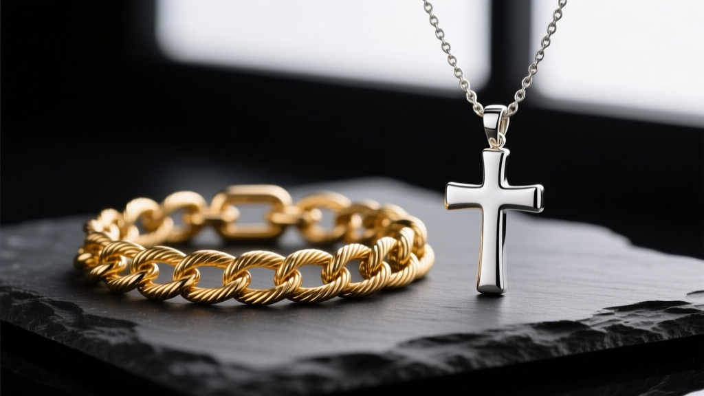 Macro shot of a snapped 14k gold cable chain link beside a polished silver cross pendant on dark slate, soft studio lighting.