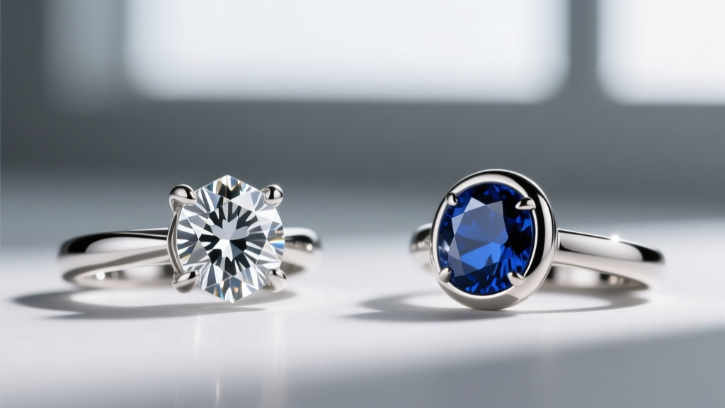 Macro photo comparing a prong-set cubic zirconia stone and a bezel-set lab-grown sapphire in polished sterling silver settings.
