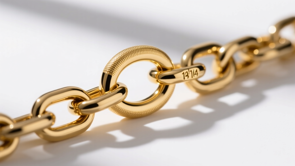 Side profile of a 14k gold lobster clasp attached to a thick oval link chain using a pre-soldered 18-gauge oval jump ring.