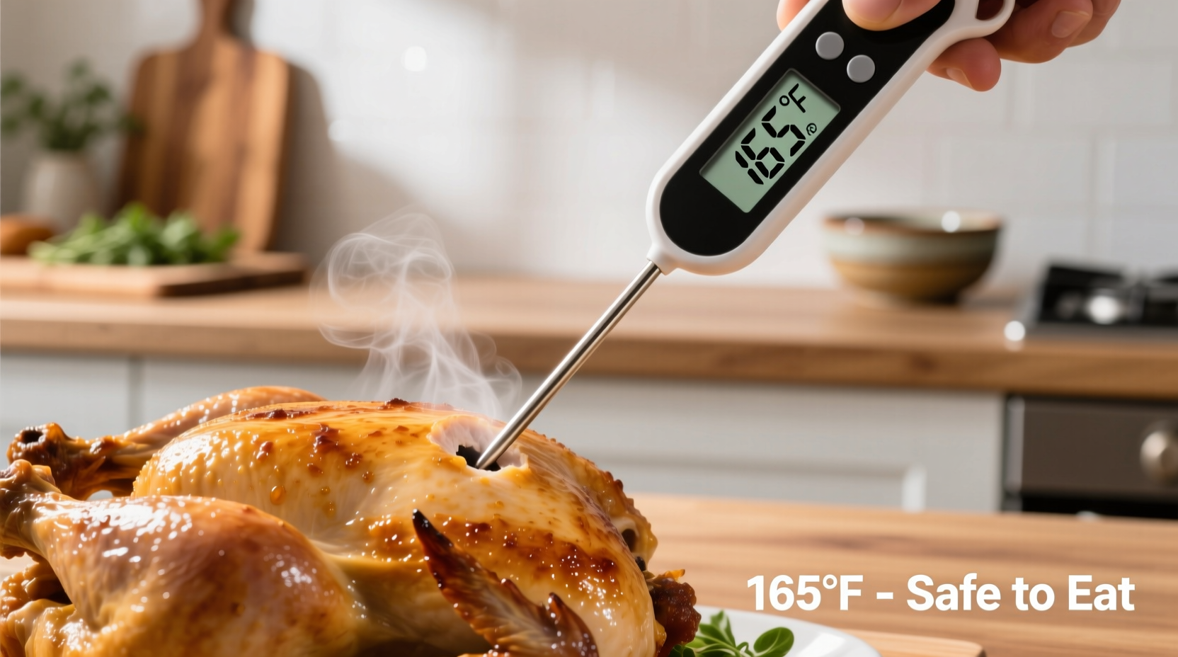 Food thermometer checking chicken temperature