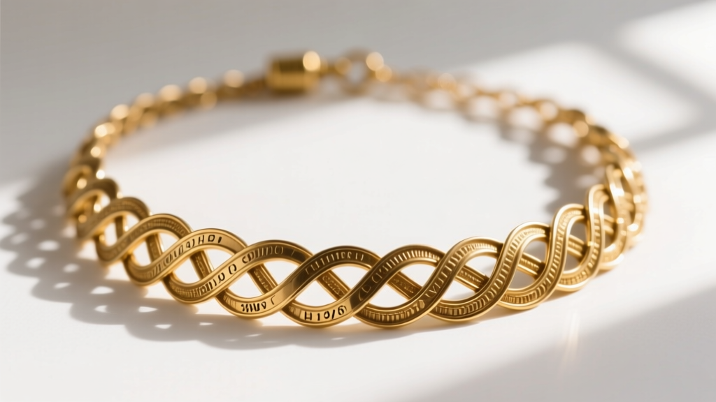 Macro shot of signed 1940s Retro gold tubogas necklace showing intricate metal weaving and maker hallmarks under a jeweler's loupe