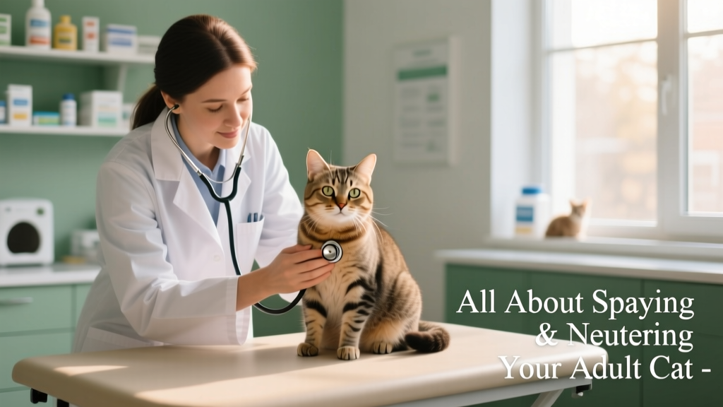 Veterinarian gently examining a calm adult cat before surgery