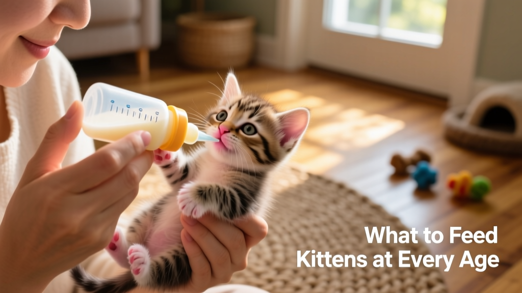Person gently bottle-feeding a tiny kitten with a small syringe-style bottle
