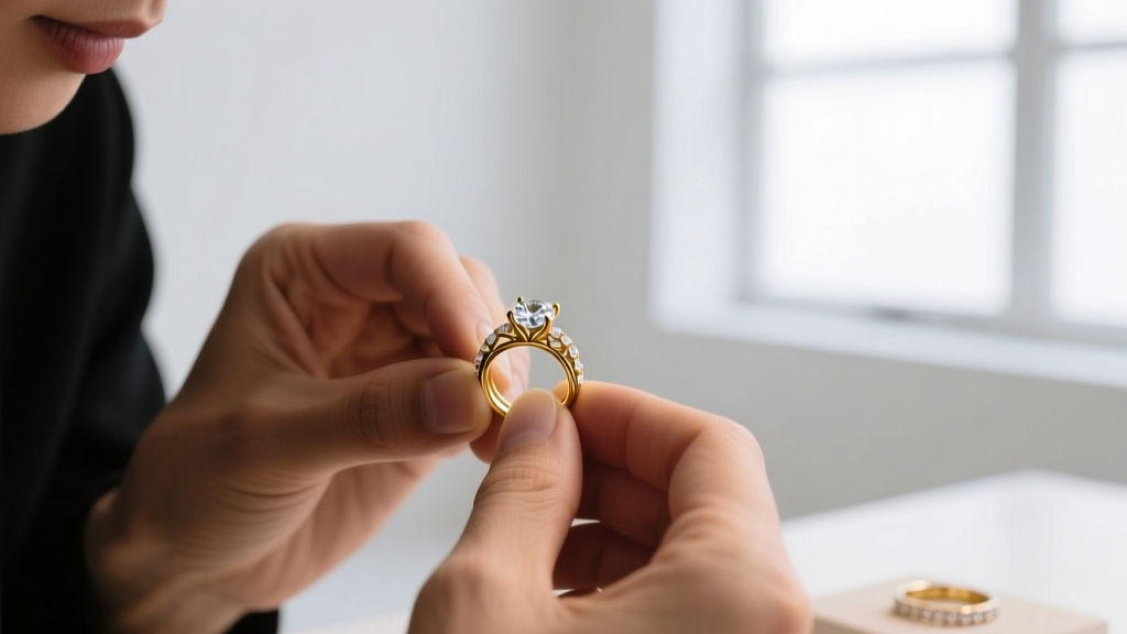 Jeweler's hands gently cleaning a diamond pendant necklace with a soft bristle brush and mild soapy water in a small glass bowl.