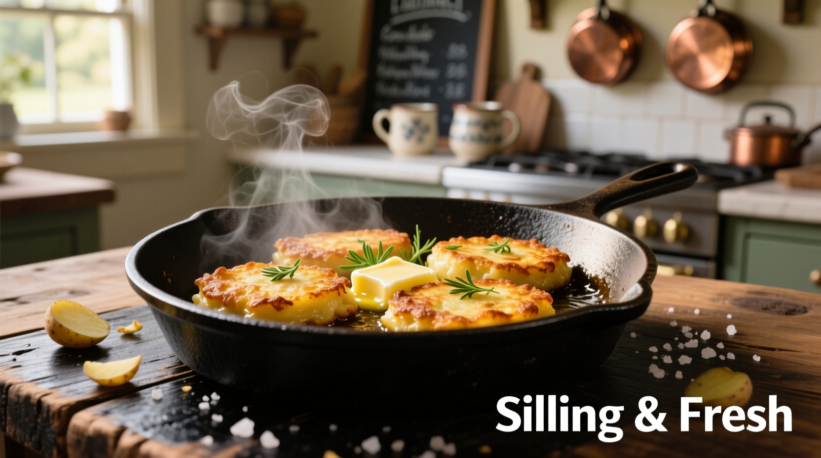 Golden potato cakes sizzling in cast iron skillet