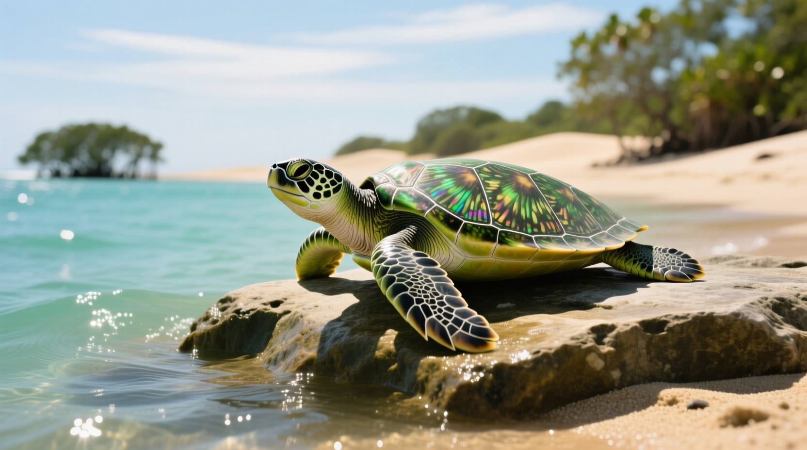 Healthy turtle basking on a rock near water
