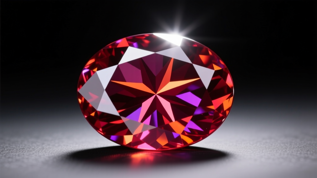 Close-up of a single oval star ruby cabochon showing a sharp six-rayed asterism under a single direct overhead light source