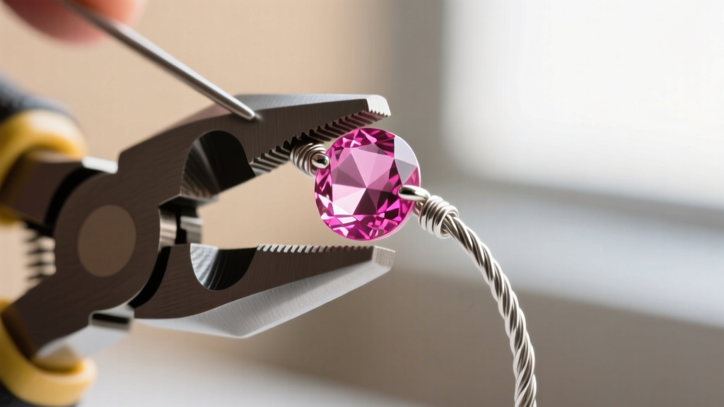 Close-up of nylon pliers wrapping 20-gauge sterling silver wire around a faceted pink tourmaline briolette bead.