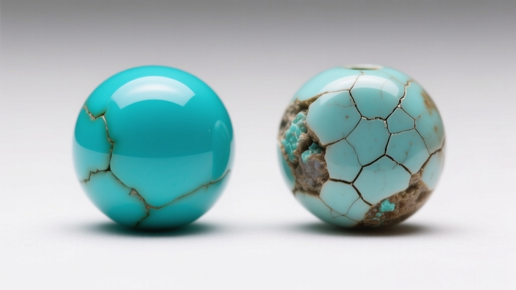 Macro comparison of a vibrant stabilized turquoise bead and a chalky, faded natural turquoise bead showing surface cracks.