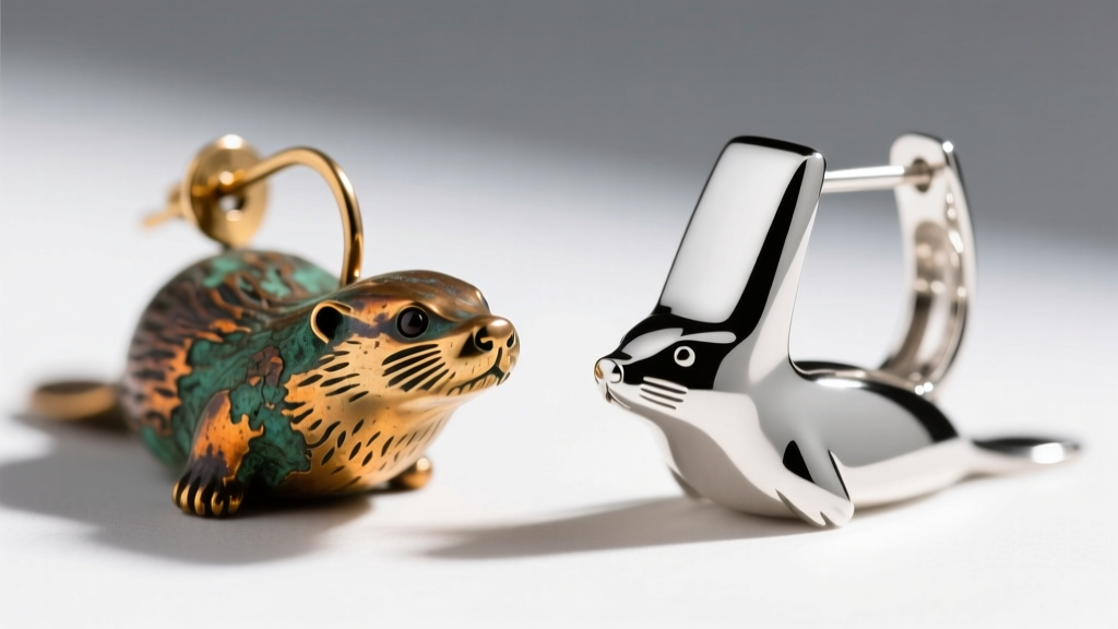 Side-by-side view of a tarnished brass otter earring with deep crevice oxidation next to a polished rhodium-plated sterling silver