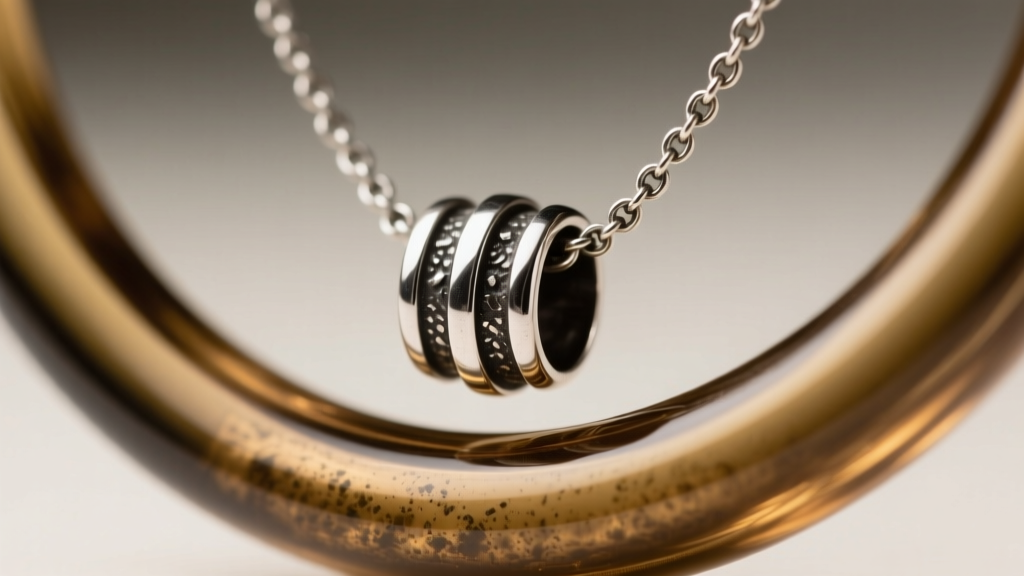 Close-up of a sterling silver bail on a brass looking glass necklace frame showing natural dark patina and texture.