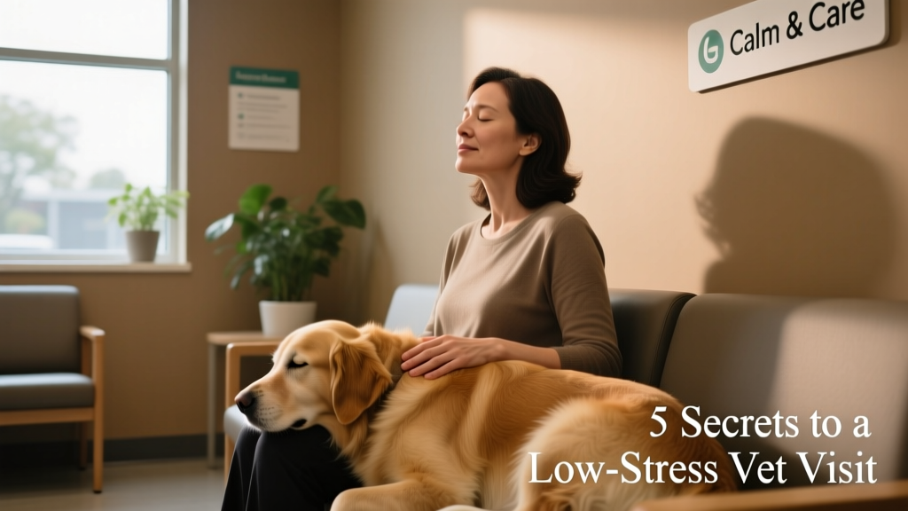 A pet parent practicing deep breathing while gently stroking their dog in a quiet corner of the veterinary waiting area