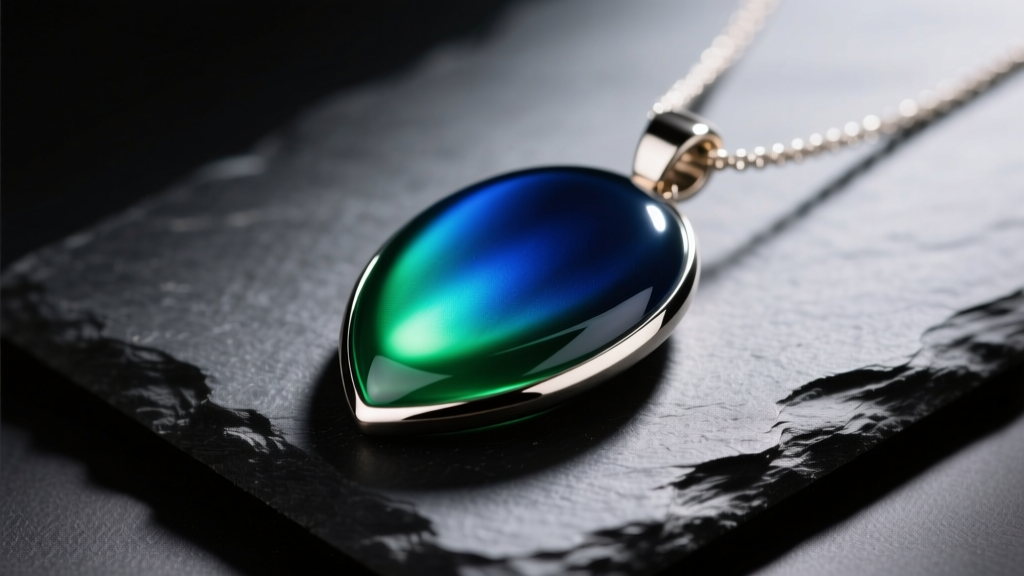 Close-up of a modern mood necklace pendant shifting from deep blue to green, resting on dark slate with soft studio lighting