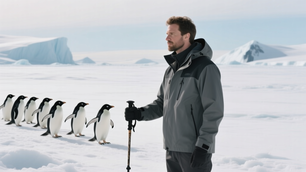 Jon Levy posing for a photo in Antarctica with penguins nearby