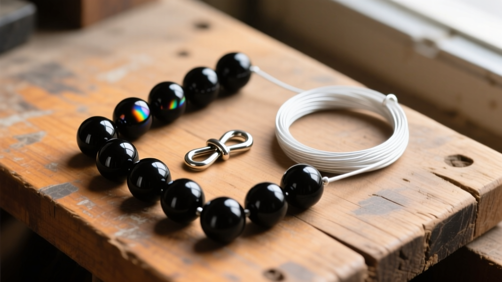 Flat lay of 12mm obsidian beads, nylon-coated wire, and a silver toggle clasp arranged neatly on a rustic wooden workbench.