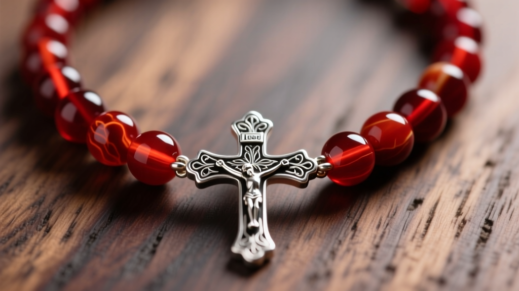 Macro shot of a red carnelian rosary necklace on dark wood, showing 8mm Our Father beads and a detailed sterling silver crucifix.