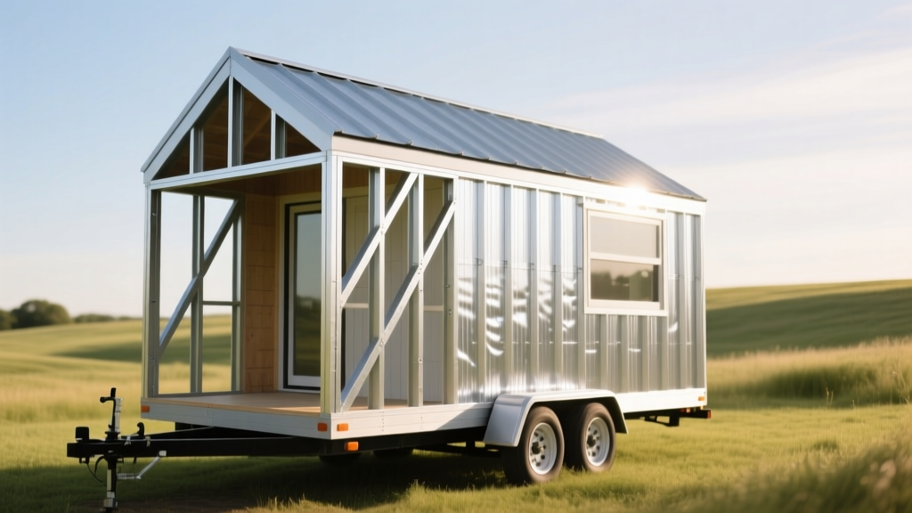 Framing of a tiny house on a trailer showing light-gauge steel studs and silver weather-resistant sheathing under bright sunlight.