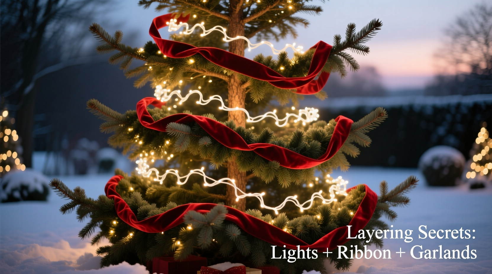 how to layer christmas lights with ribbon and garlands for depth without obscuring branch structure