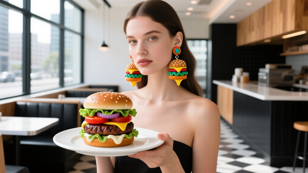 Young woman wearing colorful polymer clay hamburger dangle earrings, holding a gourmet burger in a bright, modern diner setting