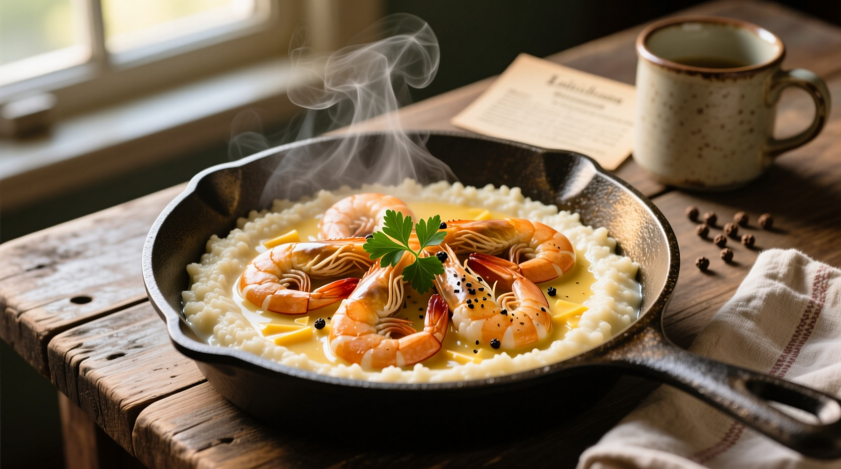 Creamy shrimp and grits in cast iron skillet