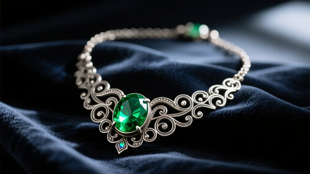 Victorian vintage aventurine necklace with a green quartz cabochon in tarnished silver filigree, resting on dark velvet fabric.