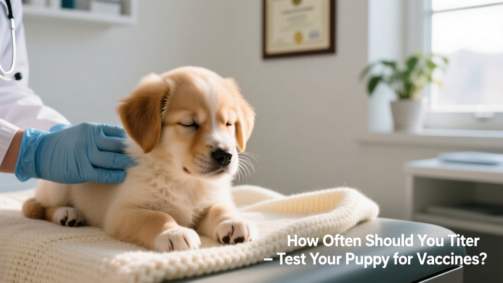 Close-up of a small puppy resting calmly on a soft blanket during a veterinary exam