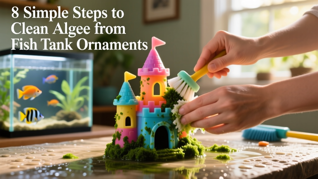 Hands scrubbing algae off a colorful plastic castle ornament using a soft-bristled brush