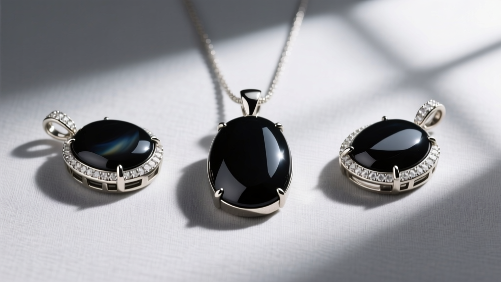 Three onyx pendants showing tight bezel, delicate prong, and channel settings, laid out flat on a neutral gray linen backdrop.