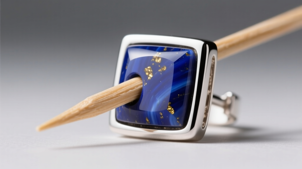 Close-up of a wooden toothpick gently cleaning the sharp corner of a lapis lazuli square earring set in a sterling silver bezel