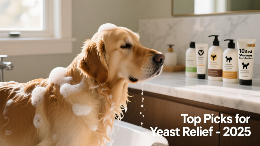 A calm, clean-coated dog being gently bathed with a medicated shampoo, water lathering evenly on the back and shoulders