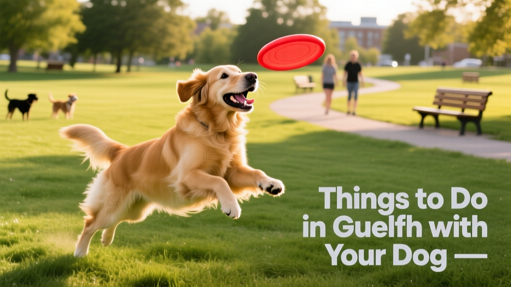 A dog playing fetch in a sunny, grassy dog park in Guelph