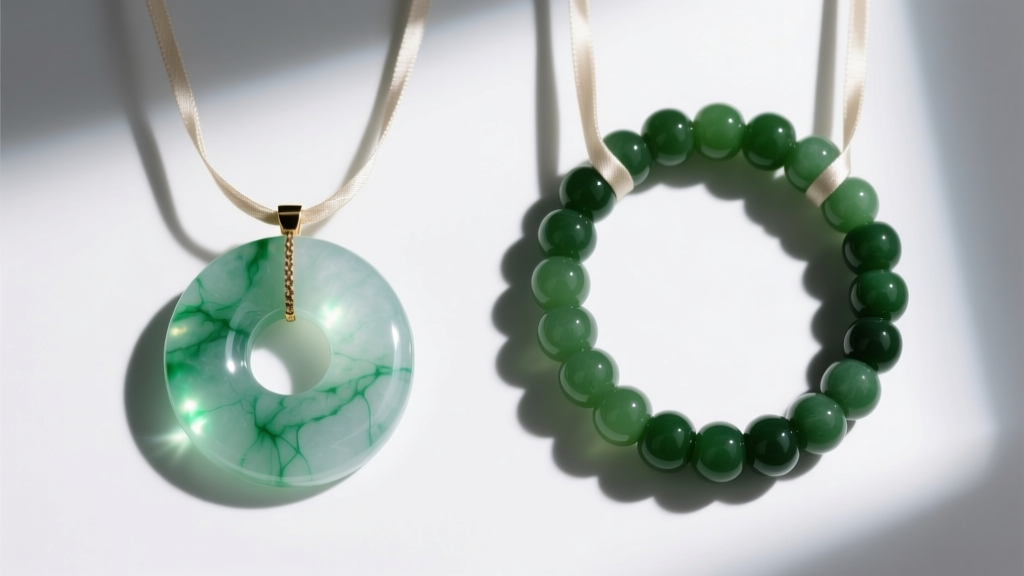 Comparison of translucent jadeite and opaque green serpentine necklace showing differences in light refraction and surface polish