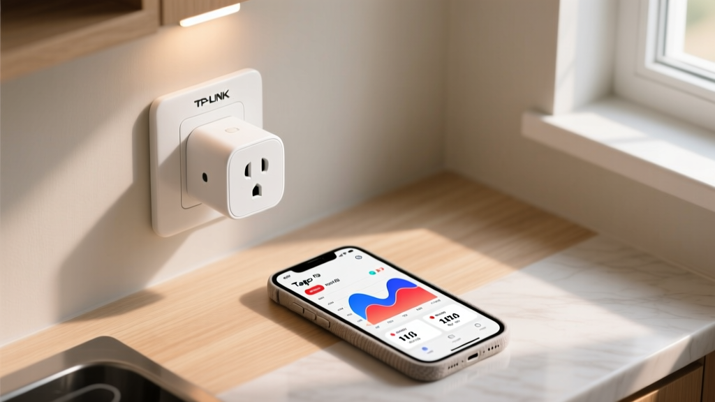 Overhead view of a TP-Link Tapo P110 smart plug inserted into a wall outlet with a smartphone displaying energy usage graphs nearby.