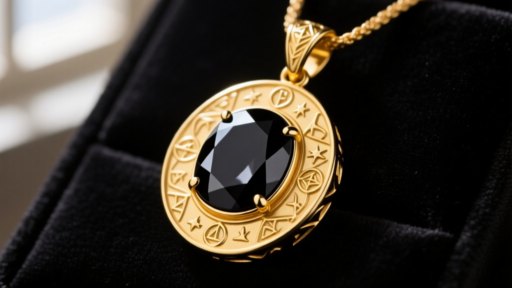 Close-up of an 18k yellow gold pendant with a faceted black onyx gemstone on dark velvet, inspired by fantasy gaming amulets.