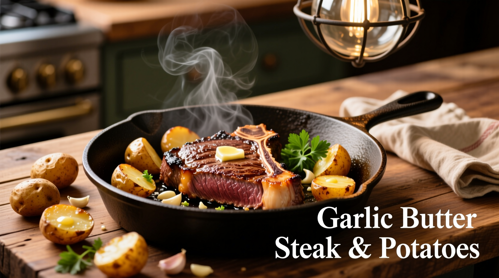 Sizzling garlic butter steak in cast iron skillet with golden potatoes