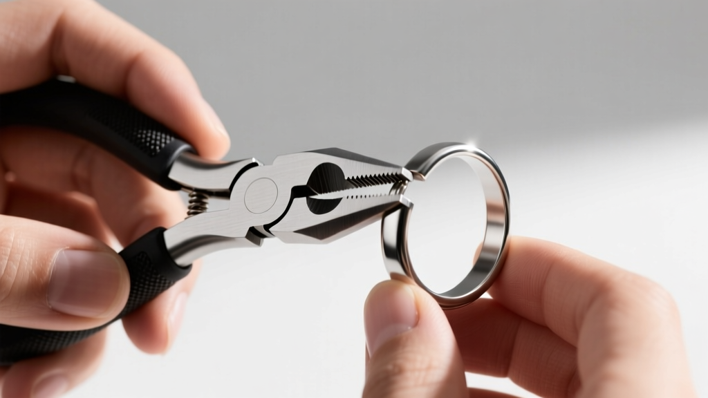 Hands using nylon jaw pliers to gently bend an 18-gauge titanium over-ear cuff spine, showing proper tension adjustment technique.