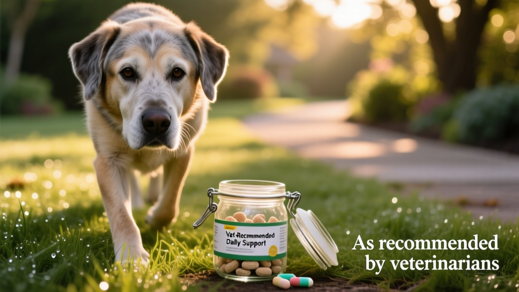 Close-up of a senior dog gently walking on grass, with soft chews visible in a labeled jar beside them