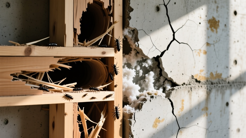 Split structural cross-section showing termite-damaged wood framing beside a cracked, efflorescence-stained poured concrete wall