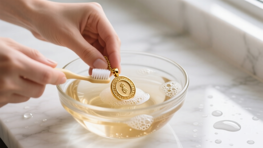 Hands gently washing a delicate gold filled pendant in a glass bowl of warm soapy water using a soft bristled baby toothbrush.