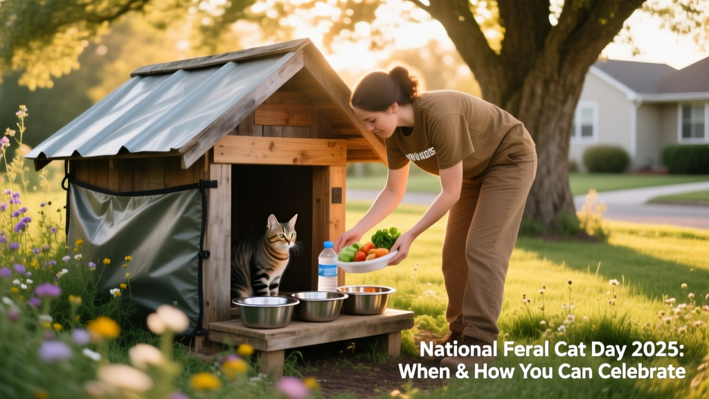 Volunteer placing food and fresh water in a tidy outdoor feeding station near a weatherproof cat shelter
