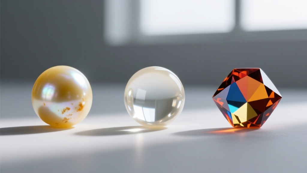 Side-by-side comparison of a yellowed celluloid pearl, a pristine glass pearl, and an acrylic pearl on a neutral gray background.