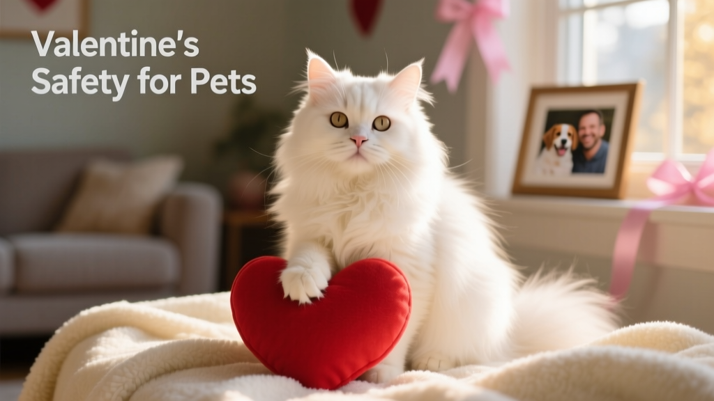 A cat sitting on a soft blanket, its paw resting gently on a red heart-shaped cushion