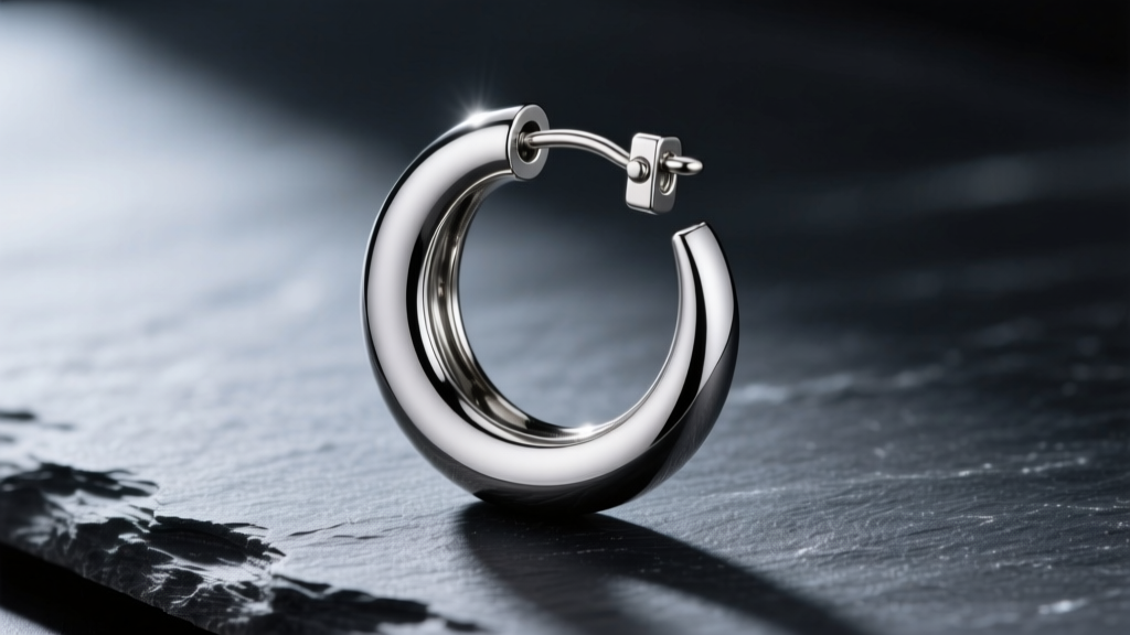 Close-up of a polished titanium crescent moon hoop earring on dark slate, showing the seamless clicker closure and smooth finish