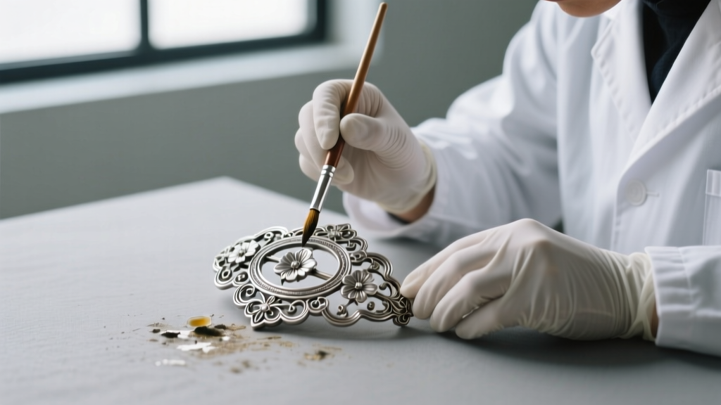 A conservator using a soft brush and mild solvent to carefully clean delicate silver filigree on an antique Chinese necklace clasp