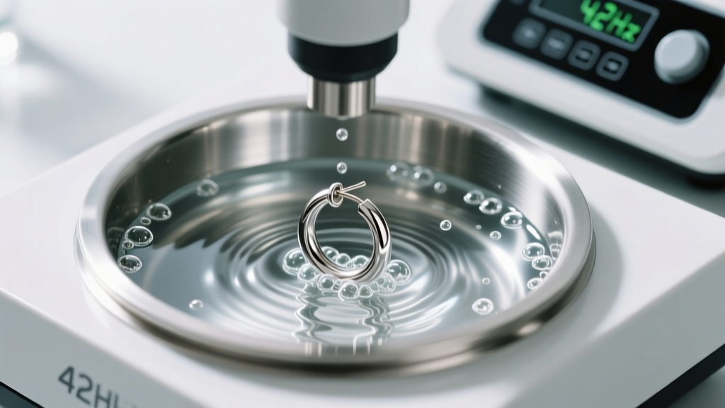 Close-up of an ultrasonic cleaner vibrating at 42kHz with a titanium hoop earring submerged in distilled water in a bright lab.