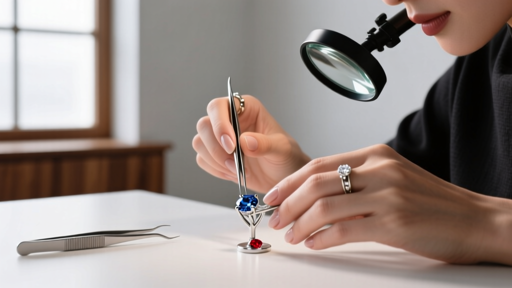 A jeweler's loupe examining the soldered jump ring and lobster clasp connection point on a thick 18k gold wheat chain necklace.